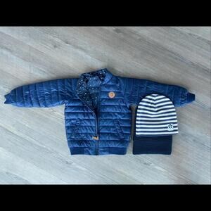 Mini Rodini Kid's two sides Jacket Blue 3-5 Y  hat and tuba scarf VERY GOOD